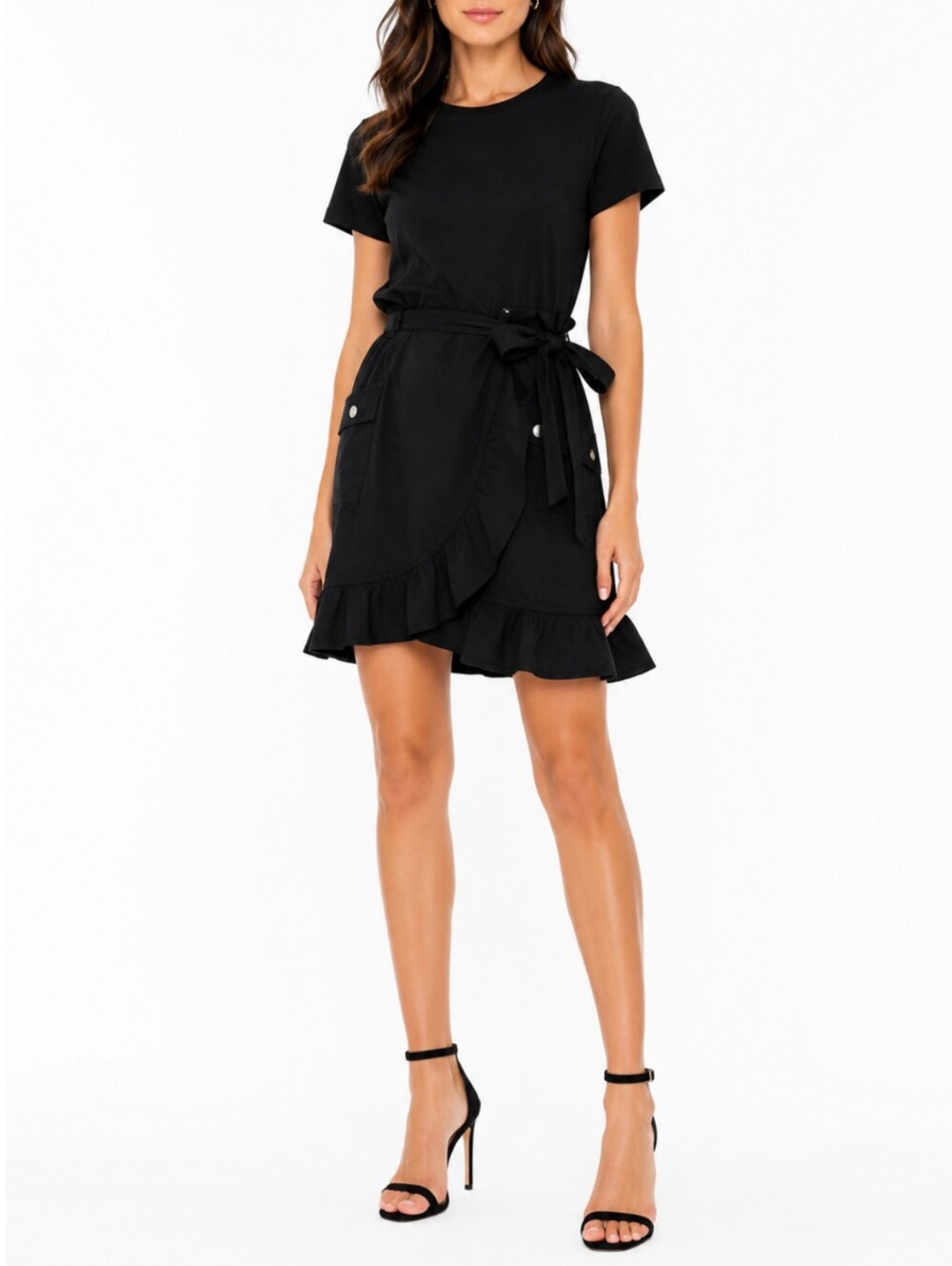 Derek Lam 10 Crosby Hudson Dress Size 4 Black Tee Wrap Ruffle Mini Cargo Utility